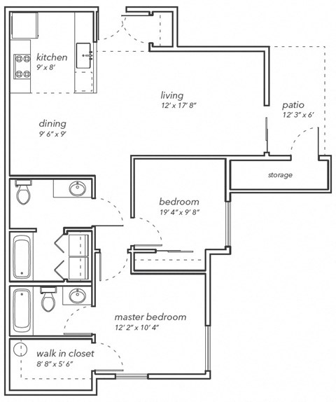 Floor plan for 2 beds, 2 baths, 970 sqft